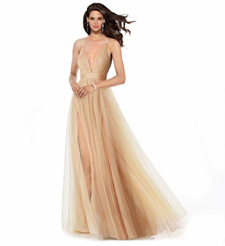 Alluring deep v-Neckline Spaghetti Straps Criss-Cross Open Back Tulle Dual Front Slits Evening Prom Formal Dress (Nude, M)