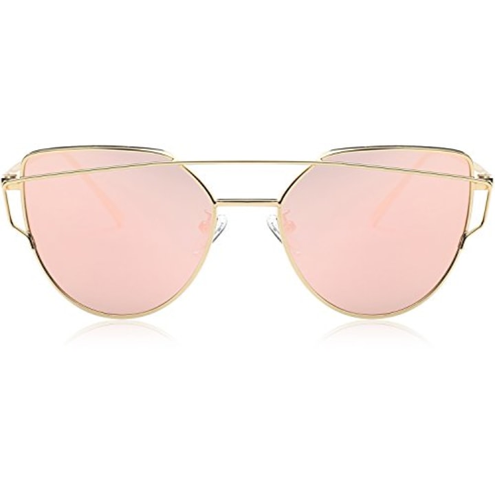 SOJOS Cat Eye Mirrored Flat Lenses Street Fashion Metal Frame Women Sunglasses SJ1001 with Gold Frame/Pink Mirrored Lens