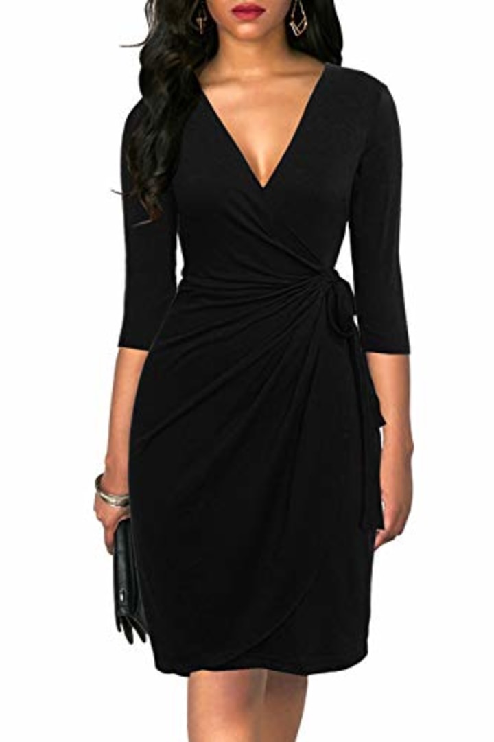 Liyinxi Sexy V Neck Draped Waist Sashes Three Quarter Sleeve Knee Length Black Midi Wedding Party Autumn Belted Wrap Dress (M, 6083-Black)