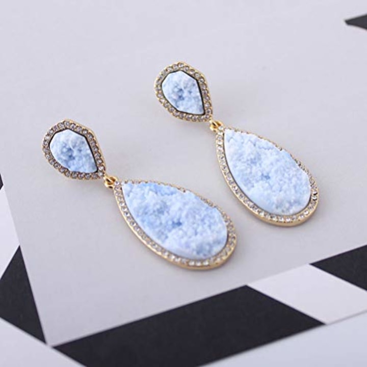 Darget Faux Druzy Earrings Light Blue Earring Shimmery Glass Drop Earrings Statement Stud Girls and Women (Blue)