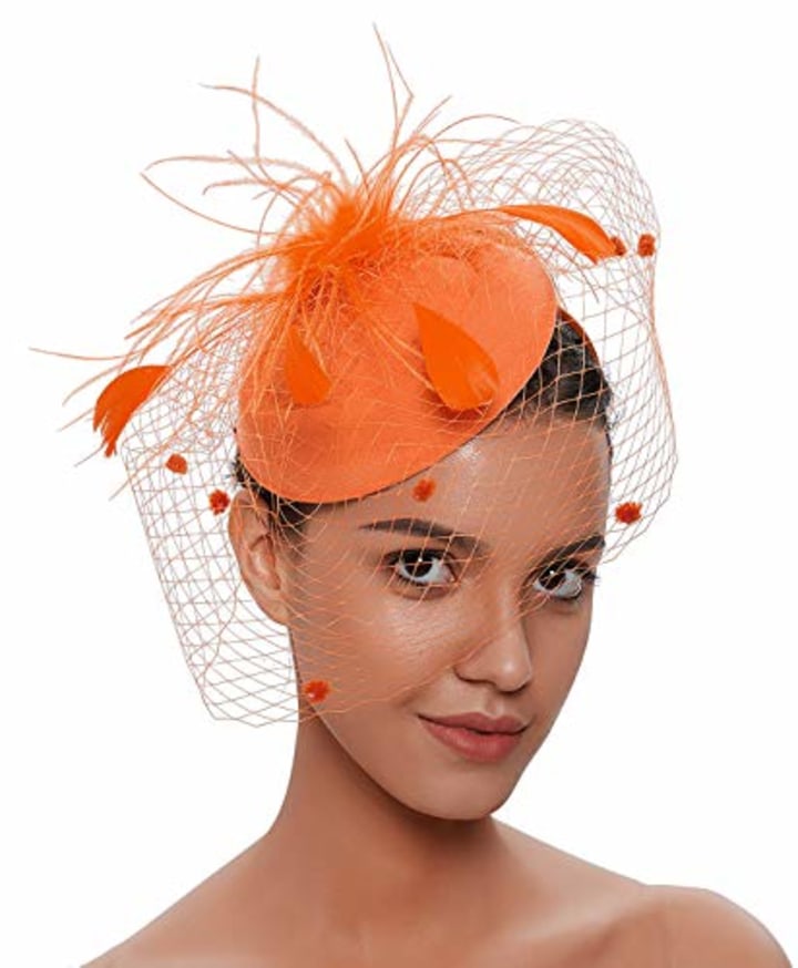 Zivyes Fascinator Hats for Women Pillbox Hat with Veil Headband and a Forked Clip Tea Party Headwear (1-Orange)