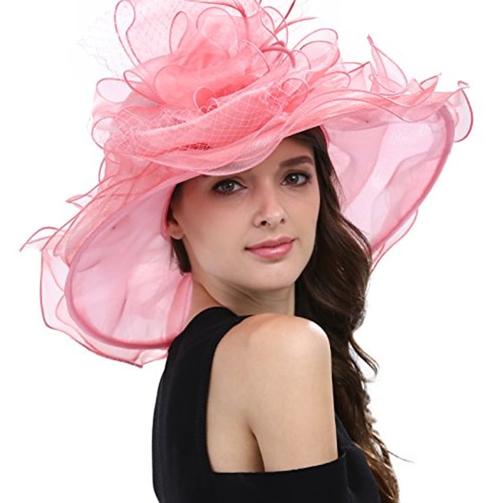 Janey&amp;Rubbins Women&#039;s Feathers Floral Fascinating Kentucky Church Wedding Party Floppy Hat (Pink)
