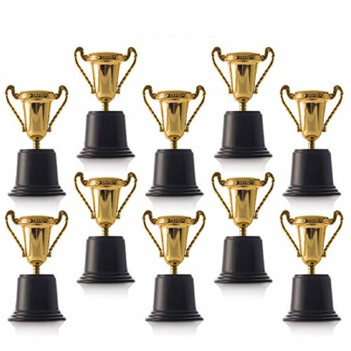 Kicko Plastic Trophies - 12 Pack 5 Inch Cup Golden Trophies for Children, Competitions, Awards, Parties, Party Favors, Props, Rewards, Prizes, Games, School, Field Day, Boys and Girls