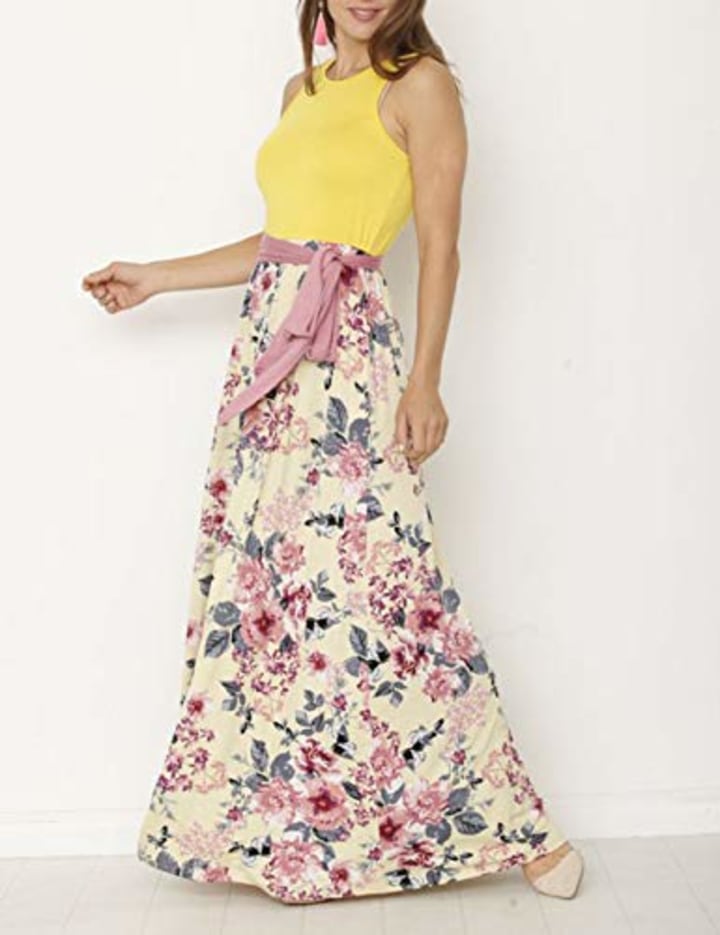 DUNEA Women&#039;s Maxi Dress Floral Printed Autumn 3/4 Sleeve Casual Tunic Long Maxi Dress (Small, Yellow)