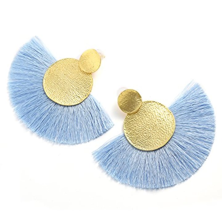 MOOCHI Women&#039;s Blue Tassel Hanging Fashion Half Round Earrings Vintage Ethnic Fringed