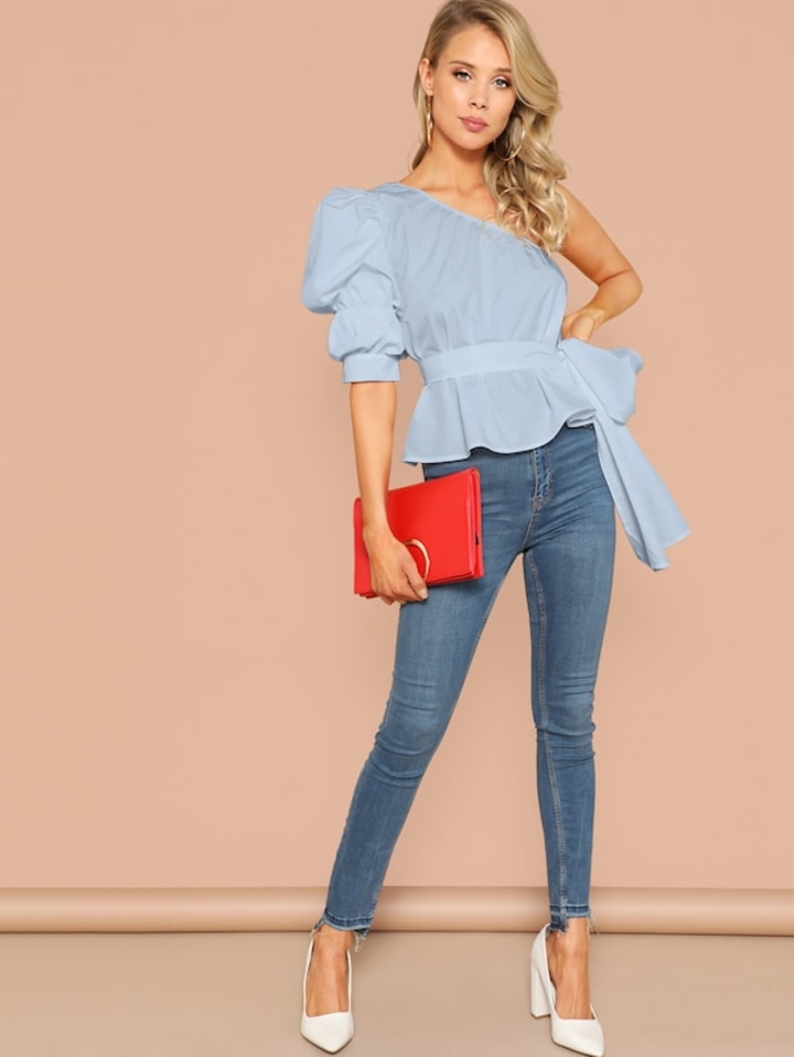 SHEIN One Shoulder Gathered Sleeve Belted Top