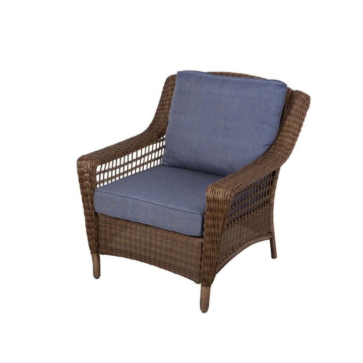 Spring Haven Brown All-Weather Wicker Patio Lounge Chair with Sky Blue Cushions