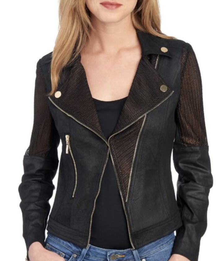 Faux Leather Mesh Panel Moto Jacket