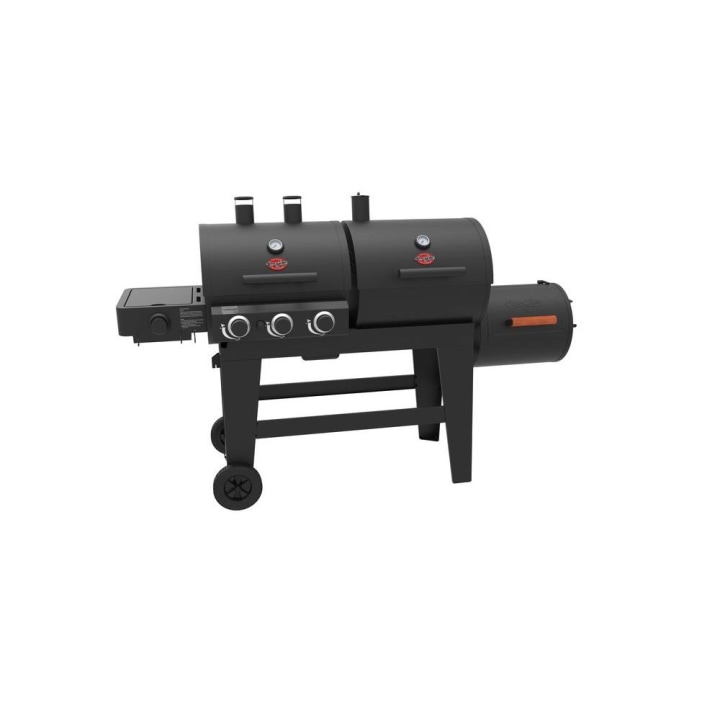 Triple Play 3-Burner Gas, Charcoal Grill and Horizontal Smoker in Black