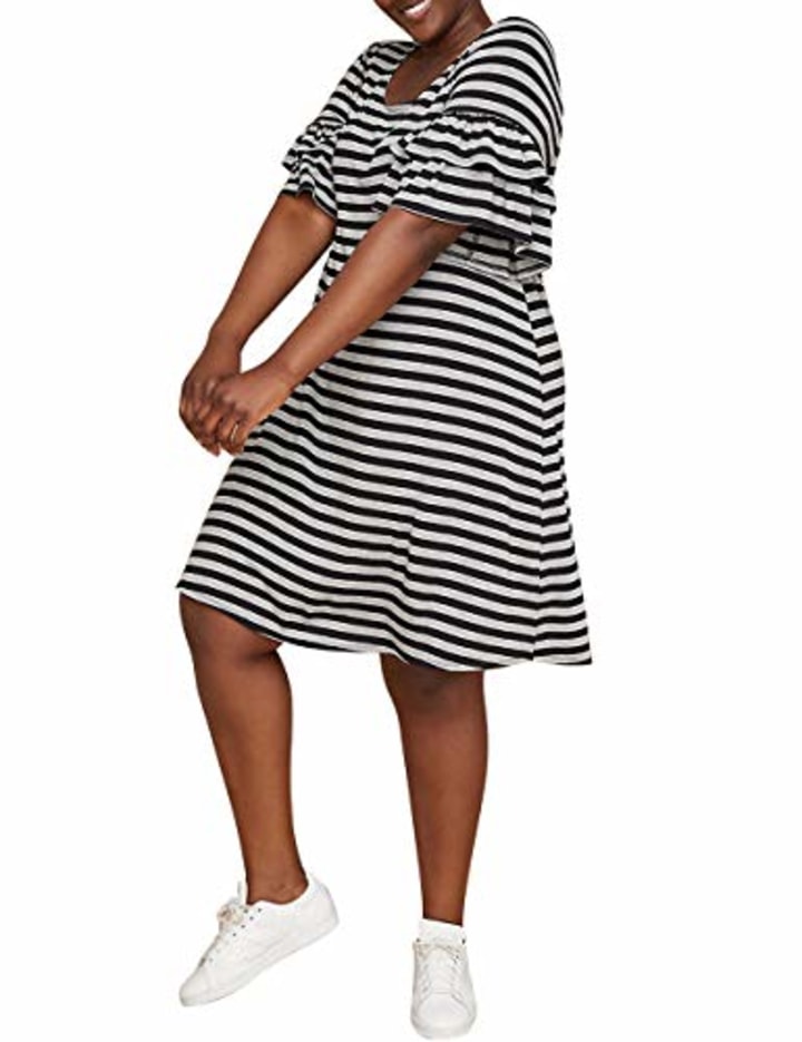 Nemidor Women&#039;s Ruffle Sleeve Jersey Knit Plus Size Casual Swing Dress with Pocket (Black Stripe, 14W)