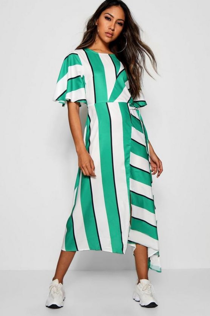 Asymmetric Stripe Spliced Midi Dress