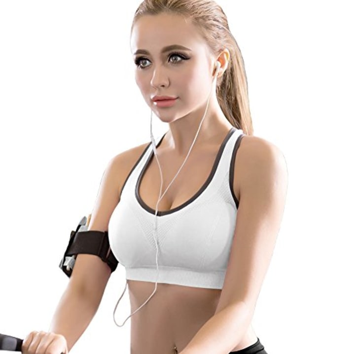 FITTIN Sports Bra White- Padded Seamless High Impact Support for Yoga Gym Workout Fitness with Removable Pads L