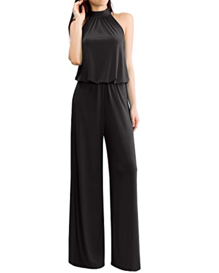 Women&#039;s Sleeveless Mock Neck Tie Back Solid Jumpsuits and Rompers