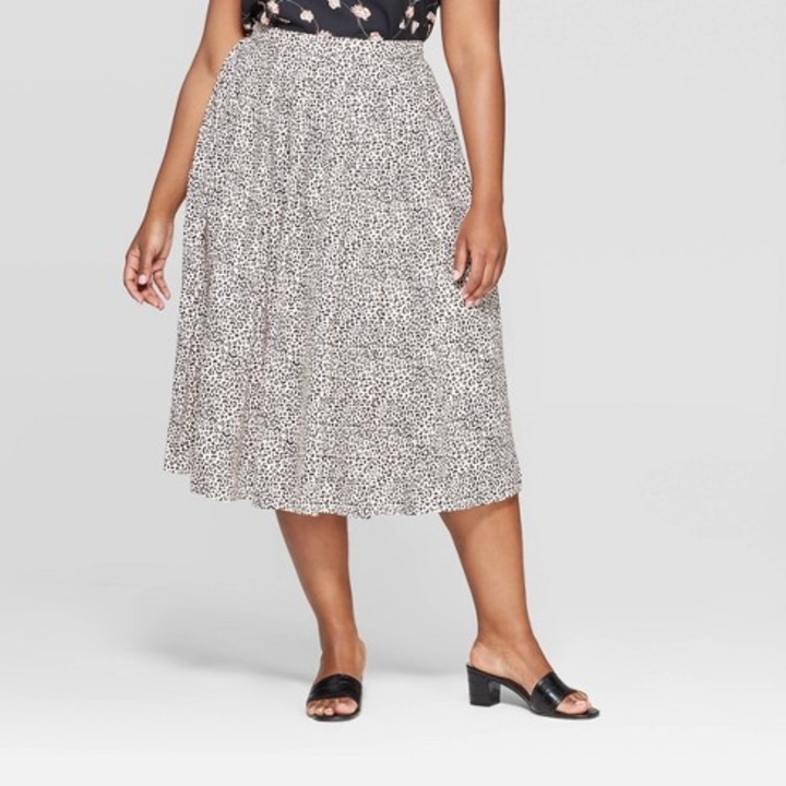 Women&#039;s Plus Size Leopard Print Pleated Mid-Rise A Line Midi Skirt