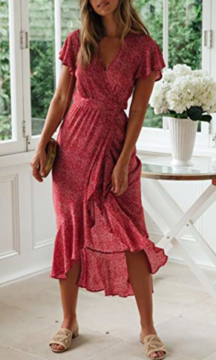 ZESICA Women&#039;s Bohemian Floral Printed Wrap V Neck Short Sleeve Split Beach Party Maxi Dress