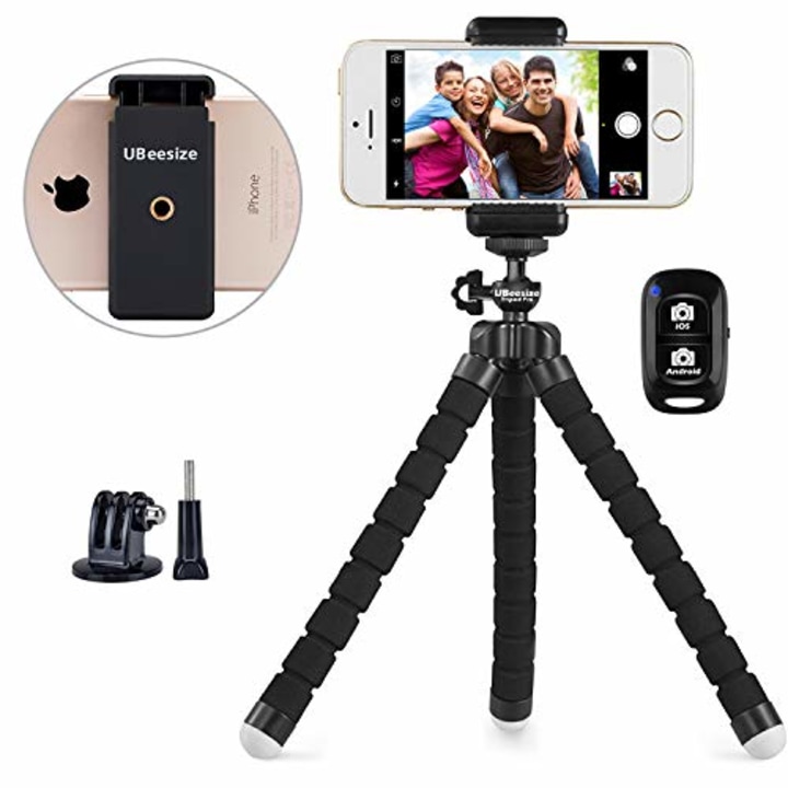 Phone Tripod, UBeesize Portable and Adjustable Camera Stand Holder with Wireless Remote and Universal Clip, Compatible with iPhone, Android Phone, Camera, Sports Camera GoPro (2018 New Version)