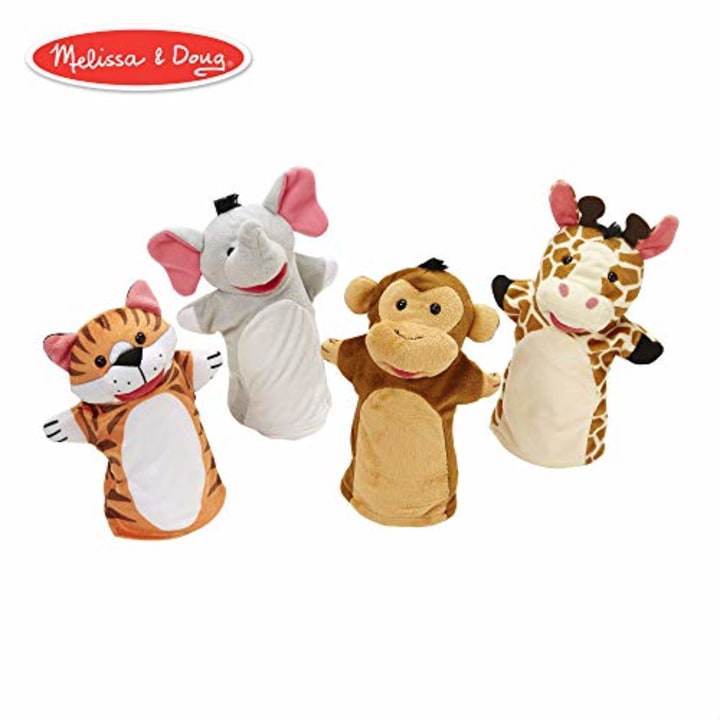 Melissa &amp; Doug Zoo Friends Hand Puppets, Puppet Sets, Elephant, Giraffe, Tiger, and Monkey, Soft Plush Material, Set of 4, 14&quot; H x 8.5&quot; W x 2&quot; L