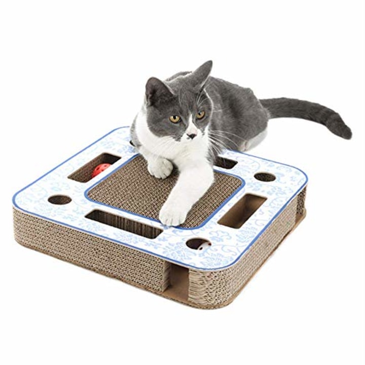 OBOR Cat Scratcher Cardboard with Balls Deluxe Kitty Scratching Pad Lounge Cat Scratching Post with 2 Rolling Bell Balls Cat Toys (Square)