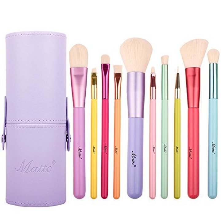 Matto Makeup Brushes 10-Pieces Colorful Wood Handles Synthetic Hairs Makeup Brush Set with Cosmetic Brush Holder