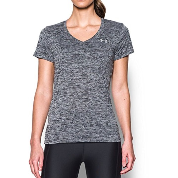 Under Armour womens Tech V-Neck Twist Short Sleeve T-Shirt, Black (001)/Metallic Silver, Medium