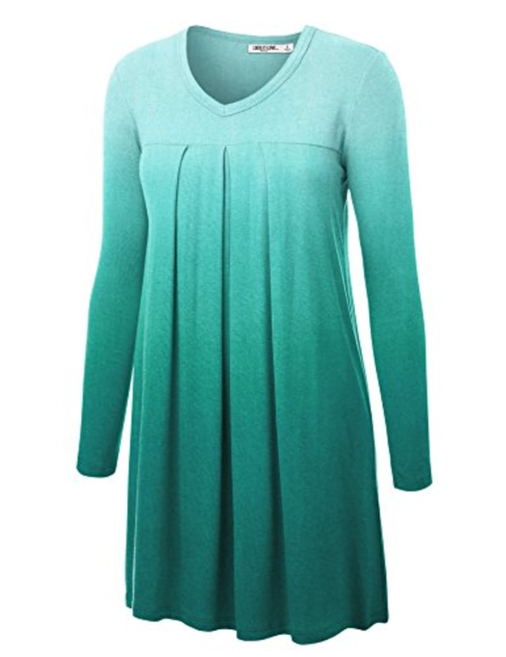 WT1168 Womens V-Neck Long Sleeve Ombre Pleats Tunic Dress Top M TEAL
