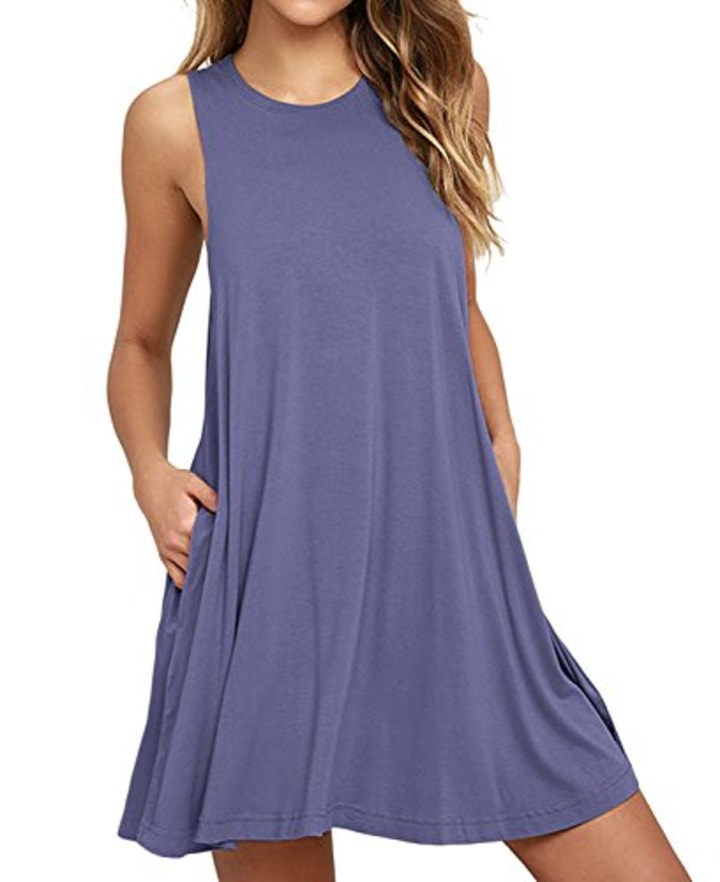 HiMONE Women&#039;s Summer Casual Loose Dress Beach Cover Up Tank Dresses with Pocket Purple Gray Medium