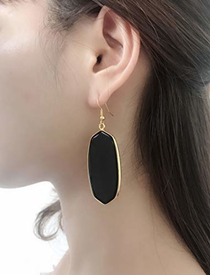 Top Plaza Womens Fashion Natural Gemstone Oval Rhombus Ear Hook Water Drop Ear Pendant Dangle Earring(Black Agate)
