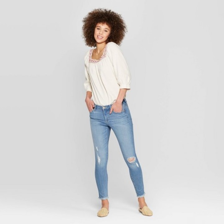 Light Wash Mid-Rise Distressed Skinny Jeans 