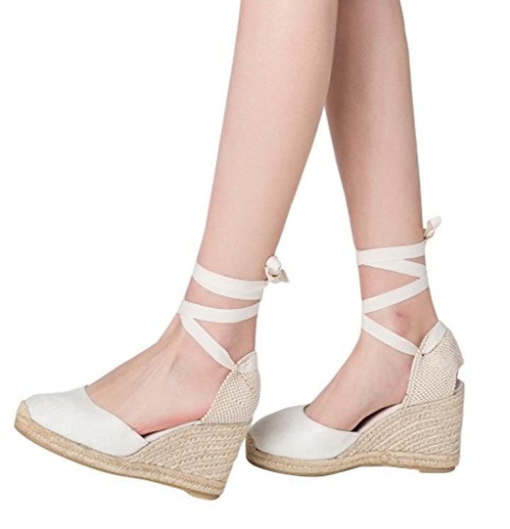 U-lite 3&quot; Wedge, Soft Ankle-Tie, Closed Toe, Classic Linen Espadrilles Heel Sandals White 8