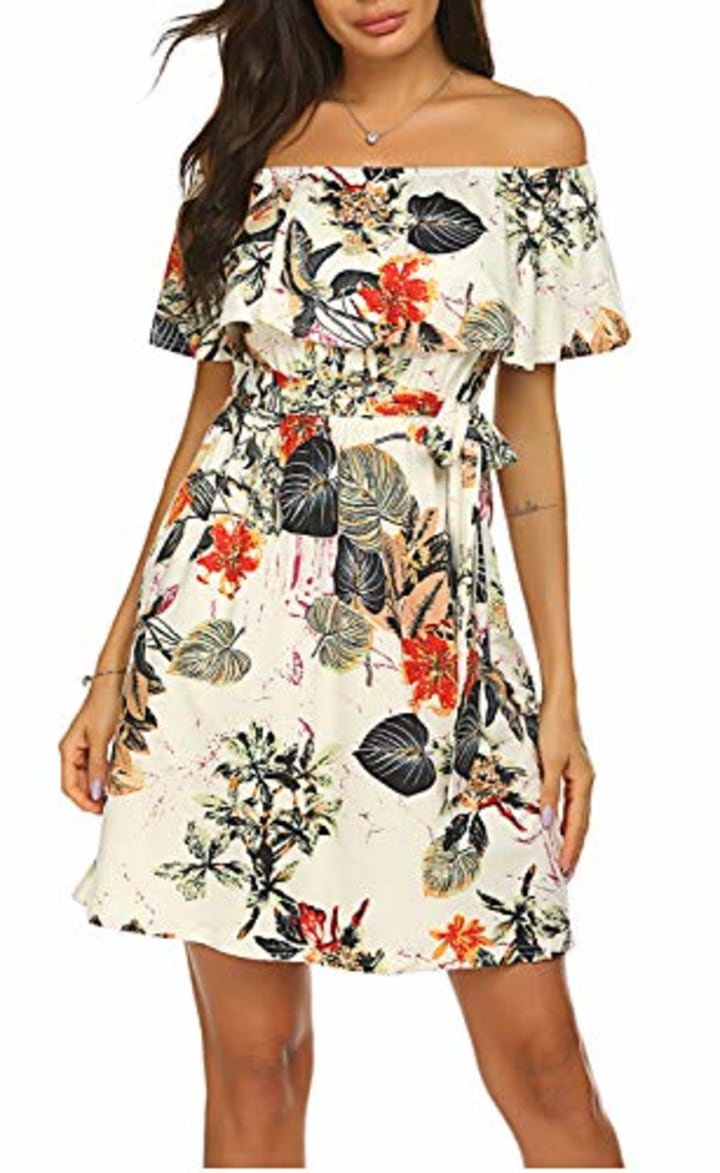 POGTMM Women&#039;s Casual Off Shouler Ruffles Floral Short Dress Pleated Party Mini Dress with Belt. (S, Leaf)