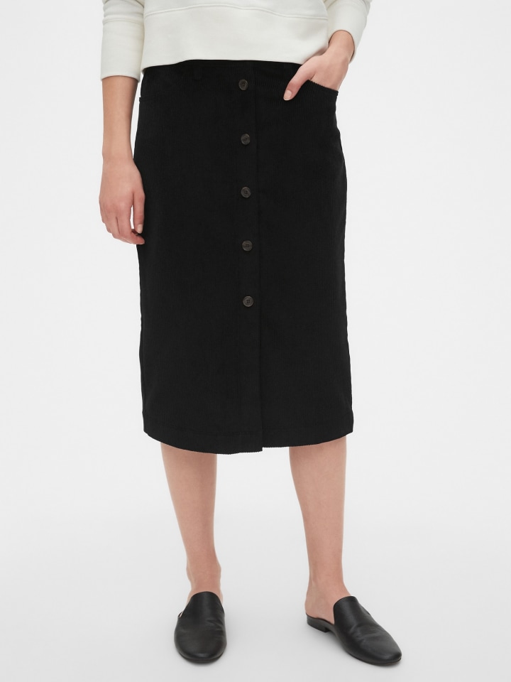 Corduroy Button-Front Midi Skirt