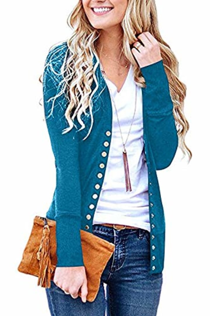 Women&#039;s S-3XL Solid Button Front Knitwears Long Sleeve Casual Cardigans Blue S