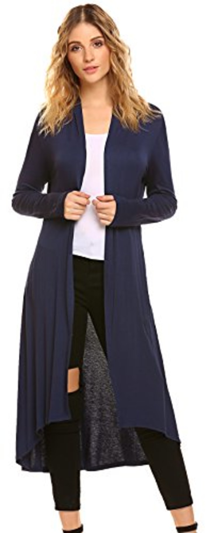 POGTMM Women&#039;s Long Open Front Drape Lightweight Maix Long Sleeve Cardigan Sweater (US S (4-6), Navy Blue)