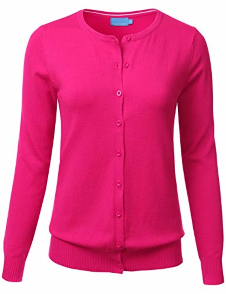 FLORIA Women&#039;s Button Down Crew Neck Long Sleeve Soft Knit Cardigan Sweater HOTPINK S