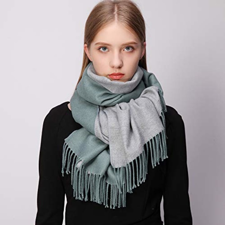 Winter Cashmere Wool Scarf Pashmina Shawl Wrap for Women Long Large Warm Thick Reversible Scarves Turquoise and Grey