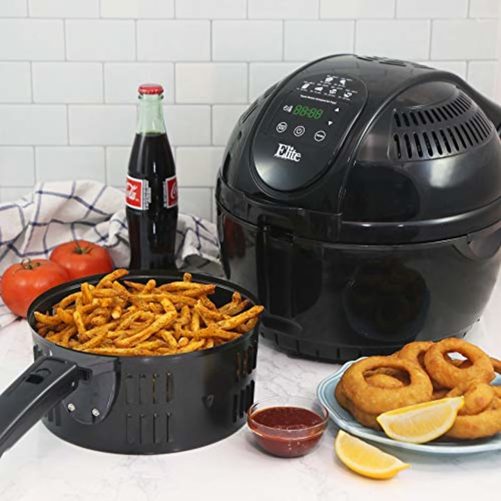 Elite Platinum EAF-1506D Electric Digital Hot Air Fryer Oil-less Cooker, 6 in 1 Cooking Functions, Adjustable Time + Temperature, PFOA/PTFE Free, 1400-Watts with 26 Recipe Cookbook, 3.5 Quart, Black