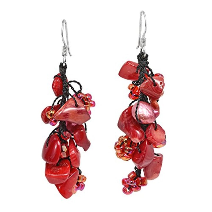 Red Coral &amp; Cultured Freshwater Pearl Dangle Earrings