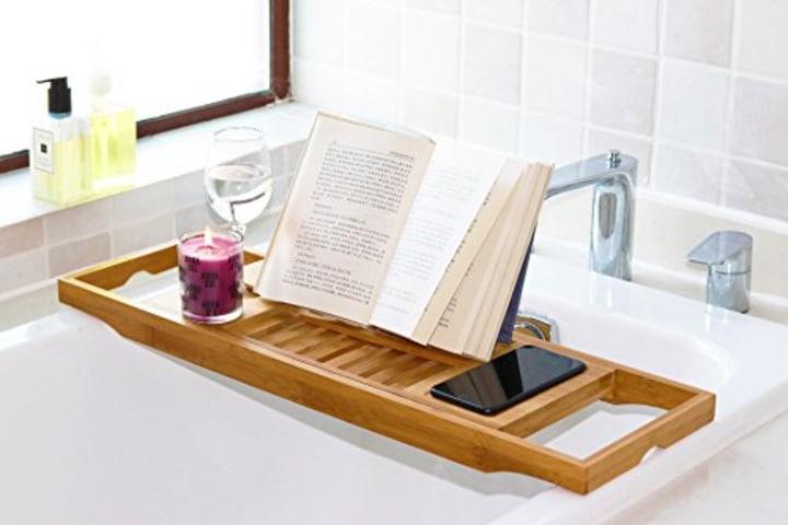 DOZYANT Bamboo Bathtub Tray Caddy Wooden Bath Tray Table with Extending Sides, Reading Rack, Tablet Holder, Cellphone Tray and Wine Glass Holder