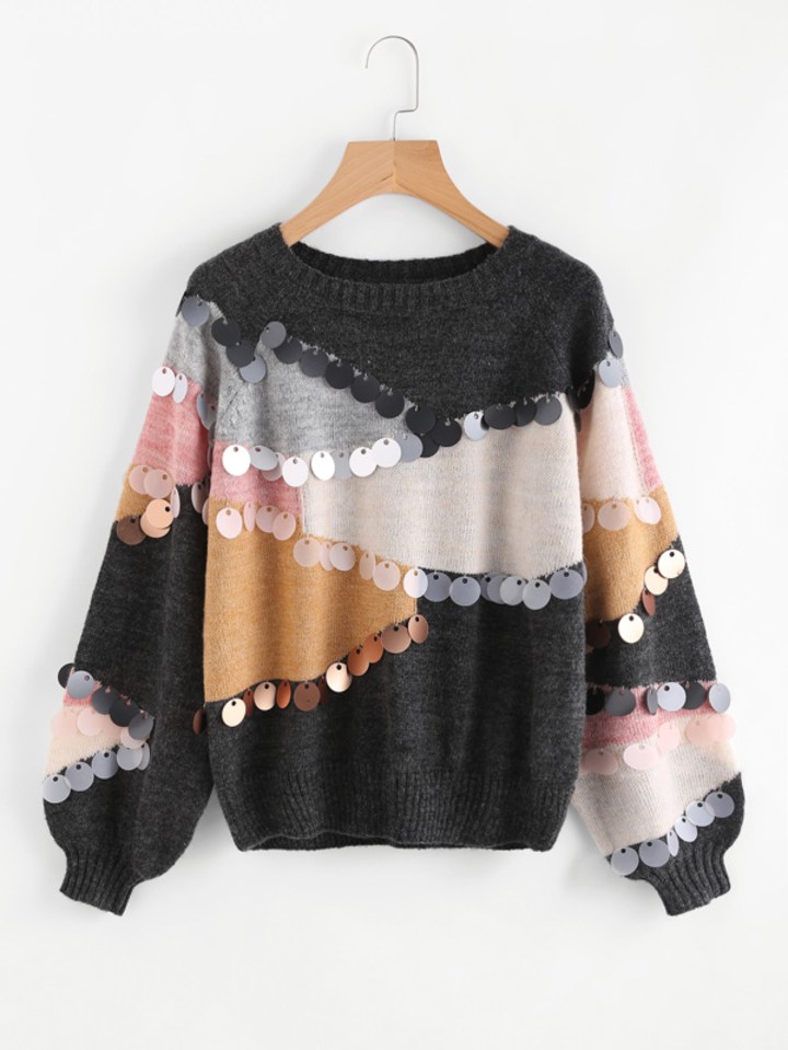 SHEIN Sequin Decoration Contrast Sweater