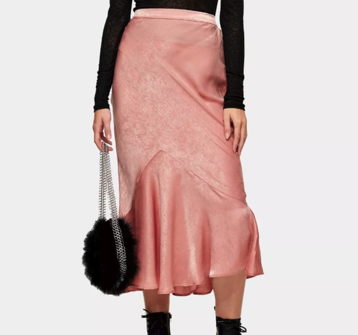 Pink Satin Flounce Midi Skirt
