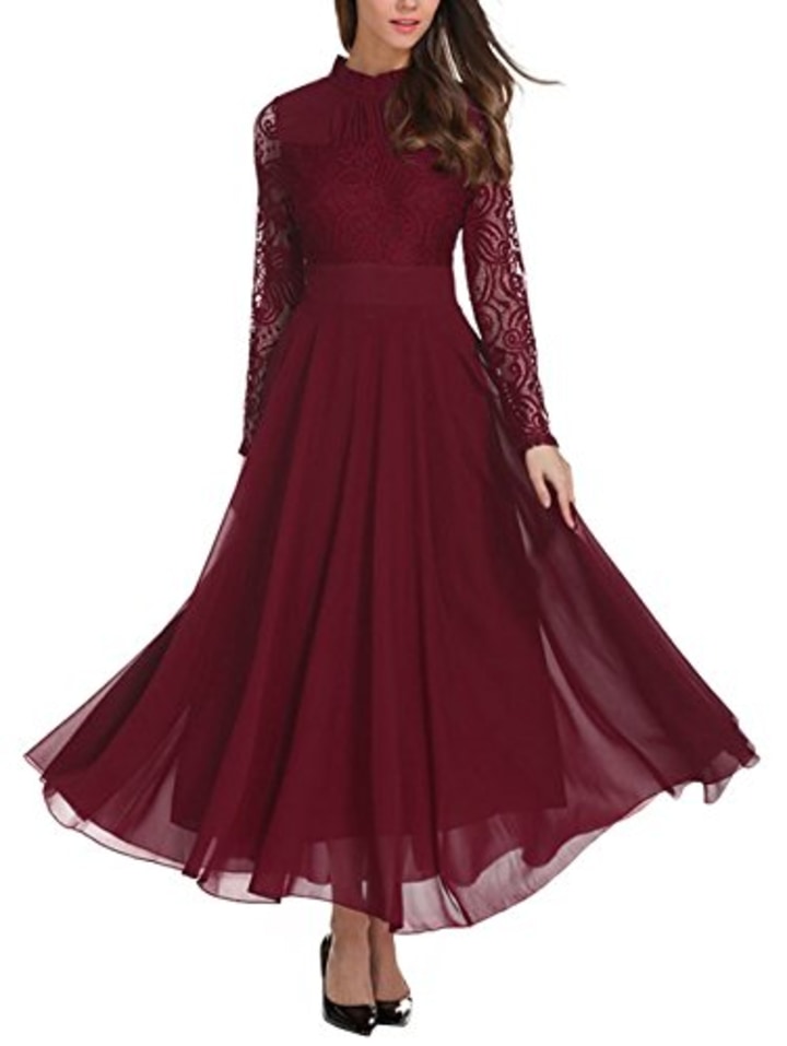 Milumia Women&#039;s Vintage Floral Lace Long Sleeve Ruched Neck Flowy Long Dress,Burgundy S