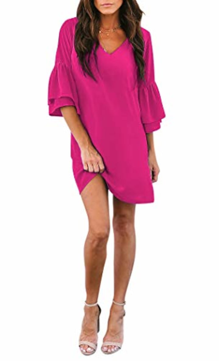 BELONGSCI Women&#039;s Dress Sweet &amp; Cute V-Neck Bell Sleeve Shift Dress Mini Dress (Rose red, XS)