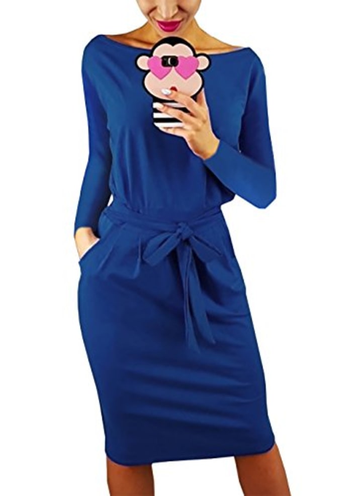 PRETTYGARDEN Women&#039;s 2018 Casual Long Sleeve Party Bodycon Sheath Belted Dress with Pockets (Y-Blue, Small)