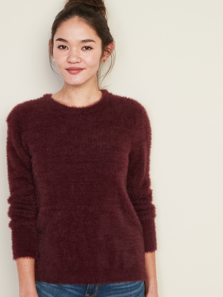 Crew-Neck Eyelash Sweater for Women