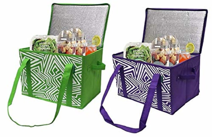 Earthwise Insulated Reusable Grocery Bag Shopping Box with Reinforced Bottom Panel and Zipper Top Lid with Extra Side Handles for Easy Lifting (Set of 2) (Green/Purple)