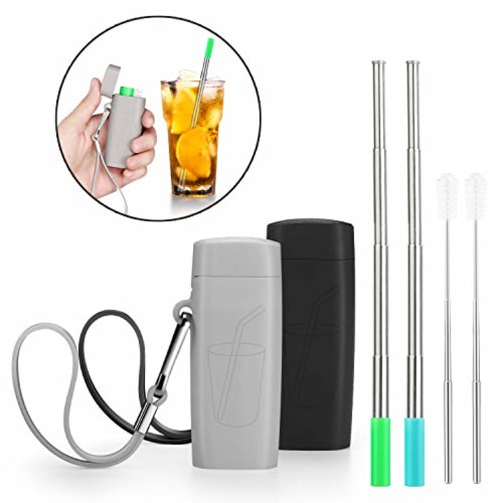 Vantic Portable Reusable Metal Straws- Telescopic Stainless Steel Travel Metal Straw with Carrying Case &amp; Silicone Flex Tip, Cleaning Brush, 2 Pack(Black &amp; Gray)