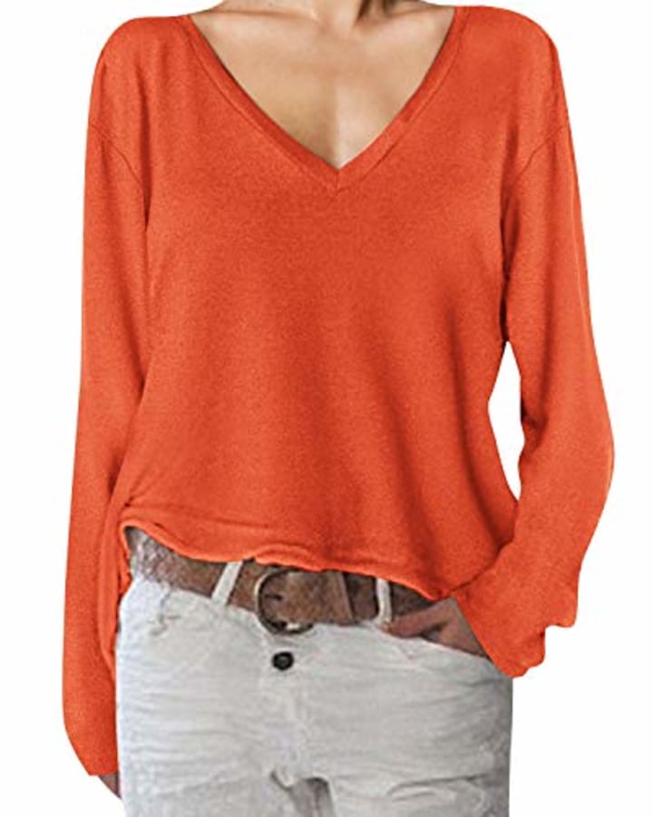 Auxo Women&#039;s Solid V Neck Long Sleeve T Shirt Casual Knit Tops Blouse Pullover Orange