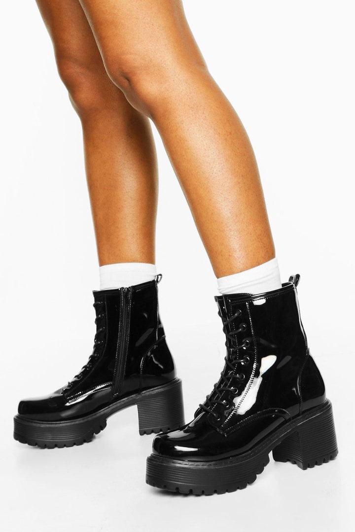 Patent Block Heel Lace Up Hiker Boots