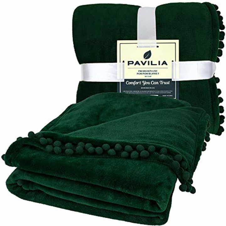 Pavilia Emerald Green Fleece Throw Blanket with Pom Pom Fringe