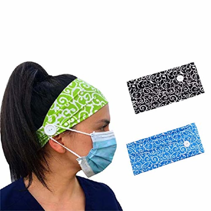 2PCS Button Headbands for Mask, Nurses, Doctors - Unisex Headbands with Buttons - Elastic Hair Bands - Medical Facemask Holder Protect Your Ears (Black + Blue)